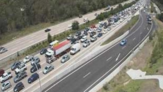 Traffic grinds to a halt on the Pacific Motorway at Coomera.