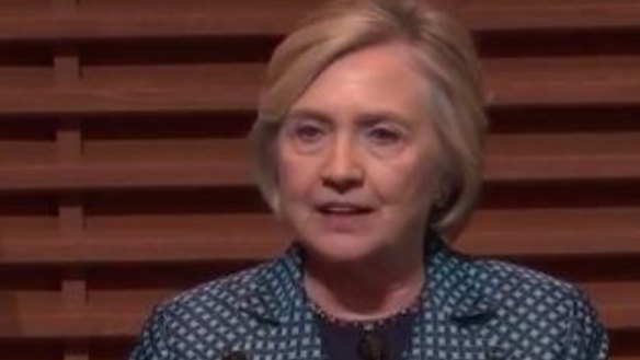 Hillary Clinton speaking at Stanford University.