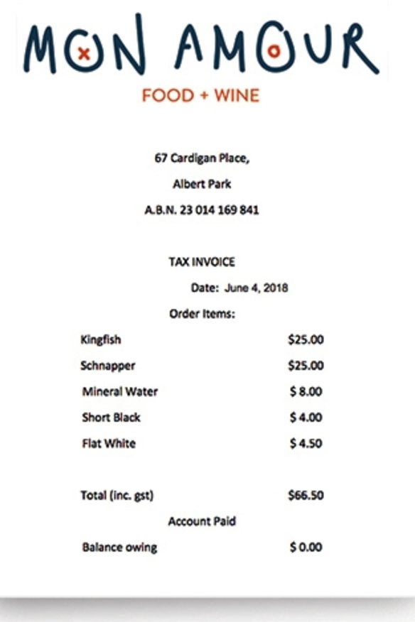 Receipt for lunch with Robyn Archer