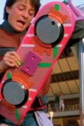 Marty McFly (Michael J. Fox) and his hover board.