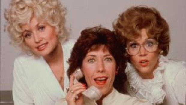The cast of 9 to 5, from left, Dolly Parton, Lily Tomlin and Fonda.