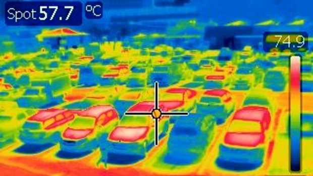 The Sydney Fish Market car park shows a temperature of 57.7 degrees. on the infrared camera  at 11.15am on Friday.