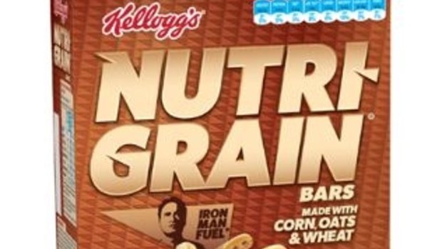 The Kellogg's Nutri Grain Bars packaging sports no health star-rating, but says it is "made with corn, oats and wheat," labelling it "iron man-fuel".