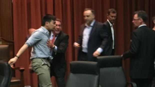 An image from the Maribyrnong City Council meeting which erupted into a brawl over Yarraville parking meters.