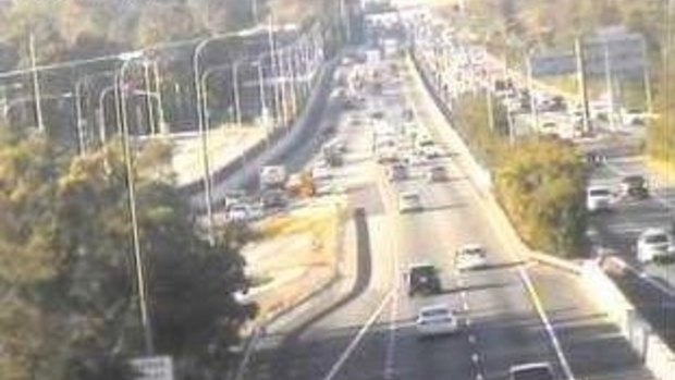 Traffic is backing back on the Pacific Motorway, as seen from Rochedale, further south.