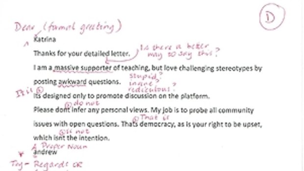 Teacher Katrina Crook marked federal member for Bowman Andrew Laming's response to her via email.