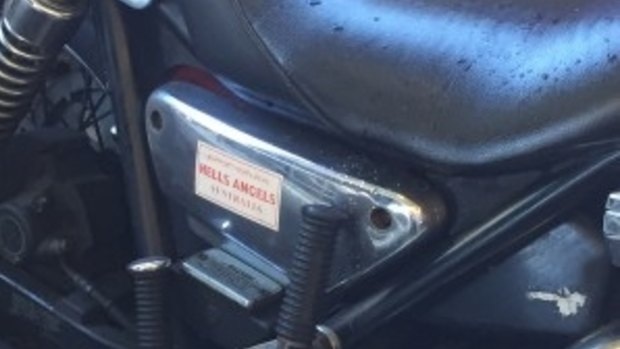A Hells Angels sticker attached to one of the motorbikes.