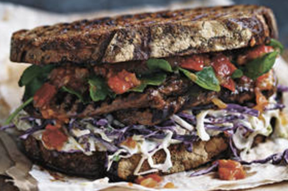 Neil Perry's steak sandwich with coleslaw and tomato chilli relish.