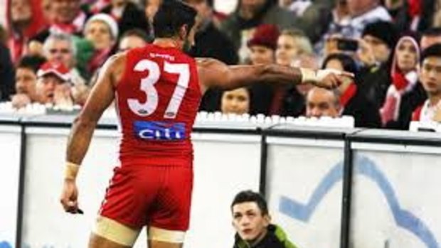 Adam Goodes calls out racism at the MCG in 2013.