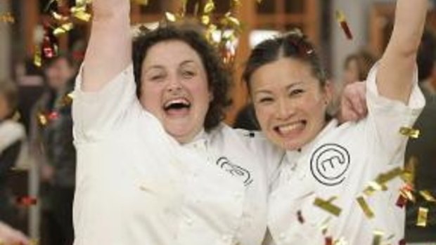 Julie and Poh on 
Julie Goodwin and Poh Yeow in the final episode of <i>MasterChef Australia</i>.