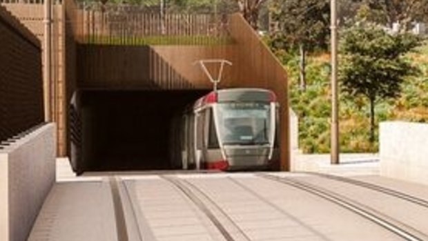 An artist's impression of a tram approaching the light rail bridge over the Eastern Distributor.