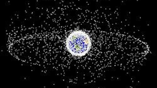 A computer-generated image marking objects as they orbit Earth.