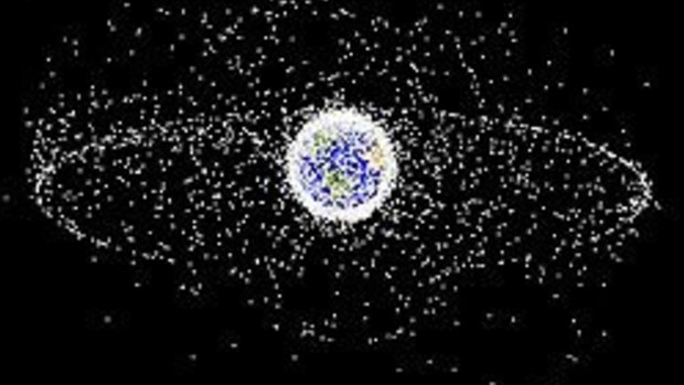 A computer-generated image marking objects as they orbit Earth.