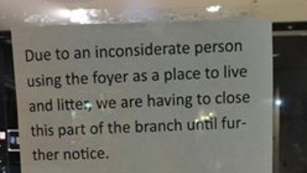 The sign posted on the window of the Footscray Bank of Melbourne branch.