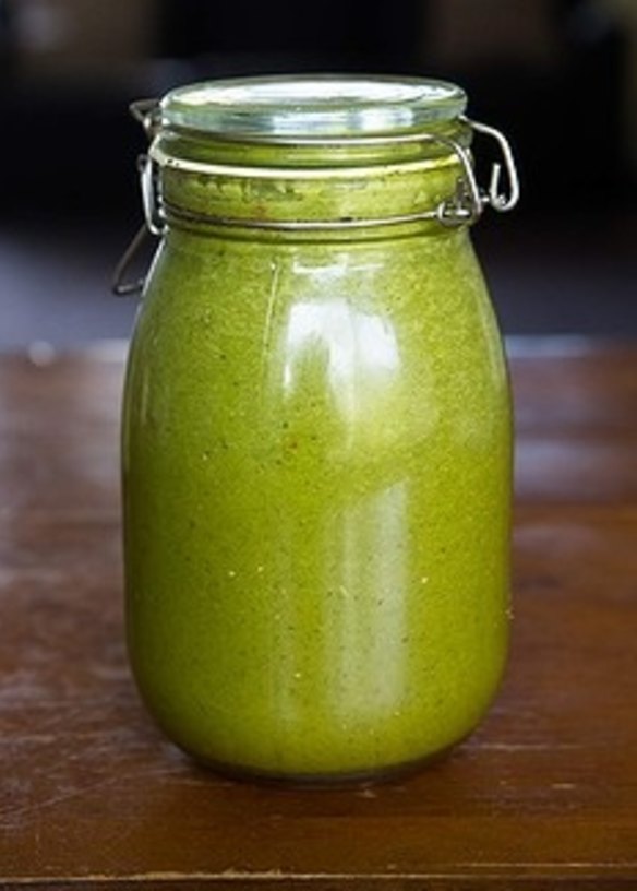 10 It changes with the seasons and depends on what can be harvested from the garden bed, but there's always a jar of Fassnidge's "famous green sauce" in the fridge. 
