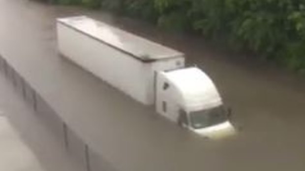 A truck trapped in rising waters in Houston.