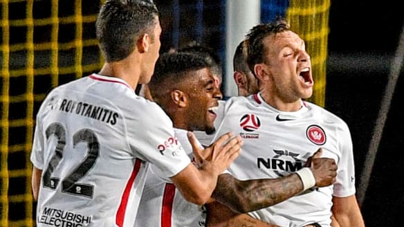 Drought over: Brendon Santalab reacts after  Alvaro Cejudo scores against the Mariners.