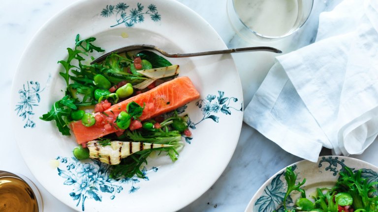 Neil Perry S Confit Ocean Trout With Broad Beans And Passionfruit