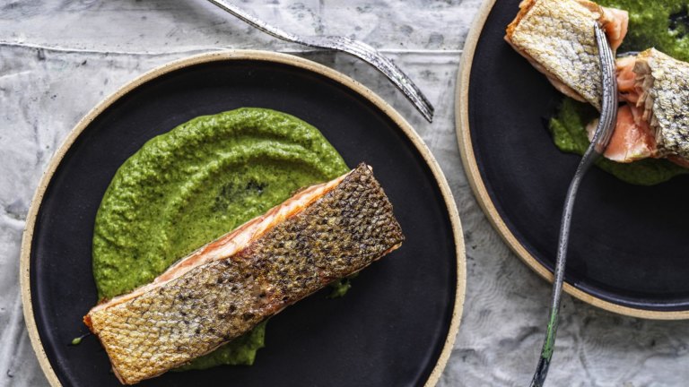 Adam Liaw S Salmon With Green Vegetable Sauce And Chilli Roasted