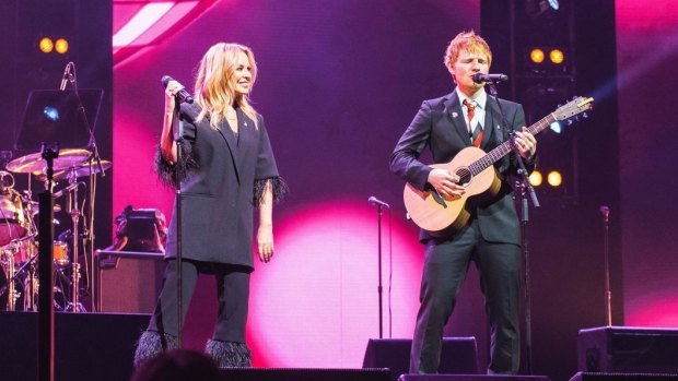 Gudinski’s final coup: Kylie Minogue and English singer Ed Sheeran perform together.