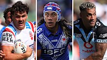 From left: England’s Herbie Farnworth, Samoa’s Jarome Luai and Fiji’s Api Koroisau.