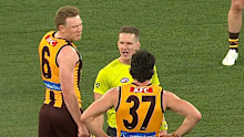 Tom Barrass and James Sicily express their frustration with umpire Hayden Meyer