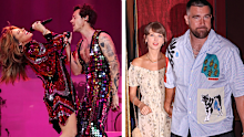 Shania Twain and Harry Styles (left); Taylor Swift and Travis Kelce (right)