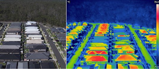 The urban heat island effect, seen through infrared imaging, shows the difference in temperatures black roofs make.