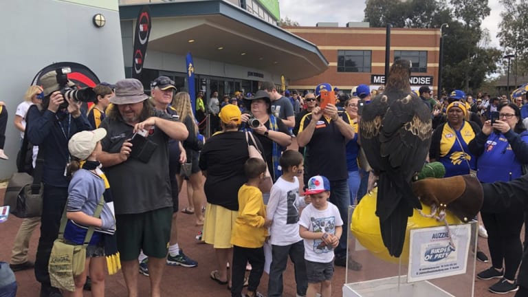 Eagles fans and a special mascot outside Subiaco Oval for Monday's open training session.