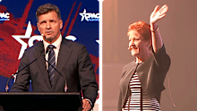 Angus Taylor (left) and Pauline Hanson (right) at the Conservative Political Action Conference (CPAC) on Saturday October 10