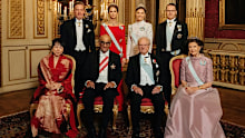 State banquet at Stockholm Palace, Sweden with (L-R front) Jane Ittogi, Singapore’s President Tharman Shanmugaratnam, King Carl XVI Gustaf and Queen Silvia (L-R back) Christopher O’Neill, Princess Madeleine, Crown Princess Victoria and Prince Daniel.