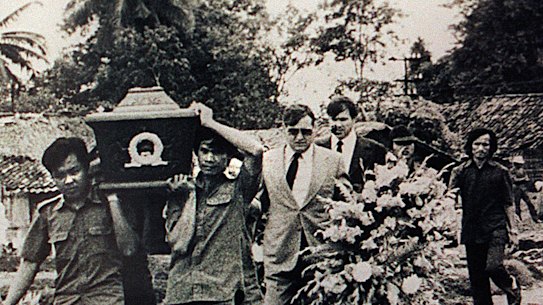 Funeral of murdered journalists Gary Cunningham, Greg Shackleton and Tony Stewart of Channel 7, and Brian Peters and Malcolm Rennie of Channel 9, in Balibo, East Timor.