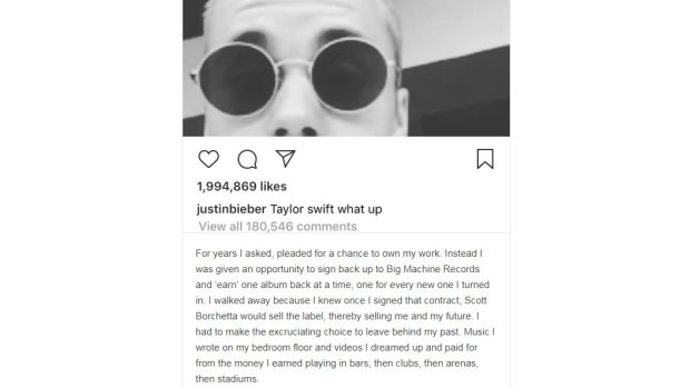 Taylor Swift's post to her Tumblr account over the sale of her old record label, Big Machine, by owner Scott Borchetta to Justin Bieber’s manager Scooter Braun.