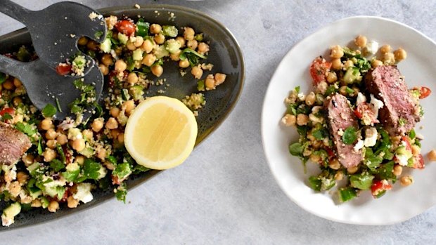Gently spiced lamb and a herb-strewn grain salad make a healthy and satisfying meal.