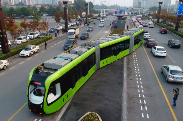 A battery-powered trackless tram in the Chinese city of Zhuzhou.