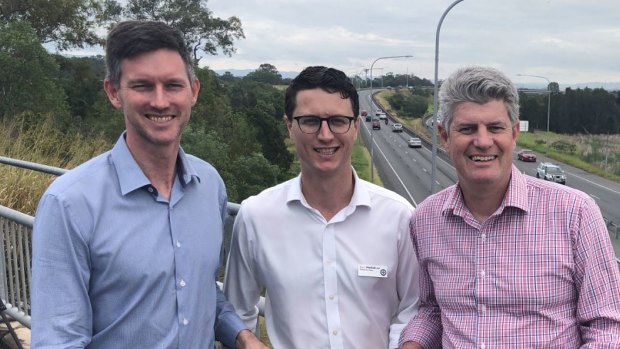 Aspley MP Bart Mellish (centre), pictured with Labor ministers Mark Bailey and Stirling Hinchliffe, won the seat in a 10 per cent swing.