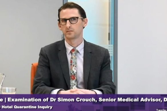 Dr Simon Crouch, a senior Health Department medical adviser, appears at the inquiry on Tuesday.