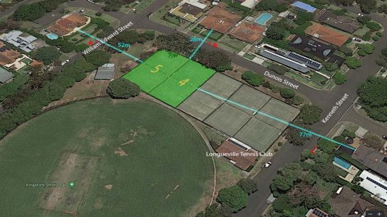 A map showing the two courts at Longueville Tennis Club which would have light poles installed under the plan.