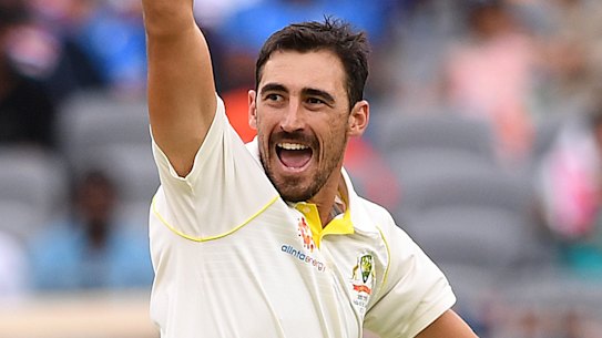 Australian bowler Mitchell Starc reacts.