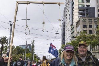 Gallows at a protest in Melbourne, 2021 style.