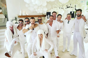 Chris Hemsworth and Matt Damon, far right, at the “white party” in Byron Bay.