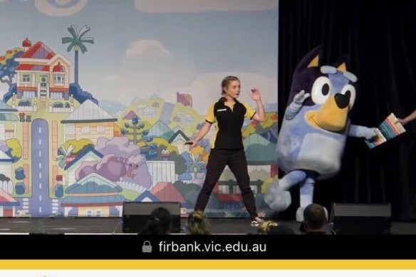 A still from Firbank Grammar’s Facebook page, promoting an upcoming appearance of Bluey.  