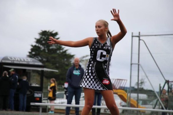 Hannah McGuire playing netball for Clunes about eight years ago.