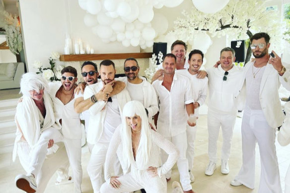 Chris Hemsworth and Matt Damon on the far right at the white party in Byron Bay.