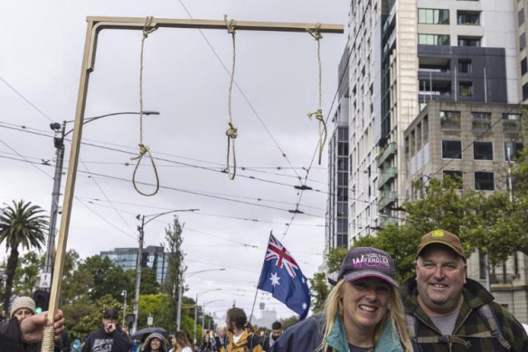 Gallows at a ‘freedom’ rally in Melbourne last year
