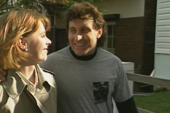 The late Penny Cook (Dr Elly Fielding) and Tony Martin (Reverend Bob Brown) on location in E Street.