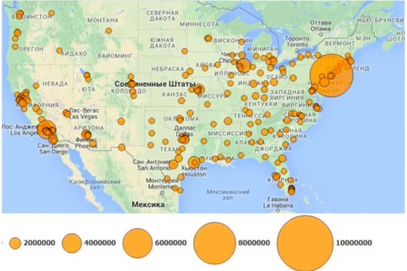 A map of the US from the leaked Russian documents, the Vulkan files, with circles that appear to represent clusters of internet servers to potentially target.