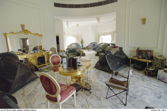 An ornate room Australian troops occupied in one of Saddam Hussein’s former palaces during the Iraq war. The occupation was used to concoct a backstory explaining the ‘discovery’ of a Picasso painting that was offered for sale to a Melbourne drug trafficker.
