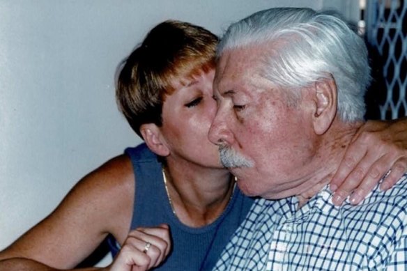 Jacoby with her dad, Phillip, in 1994, during his struggle with Alzheimer’s: “You can’t really see it in the pic, but my eyes are shut, hiding the tears.”