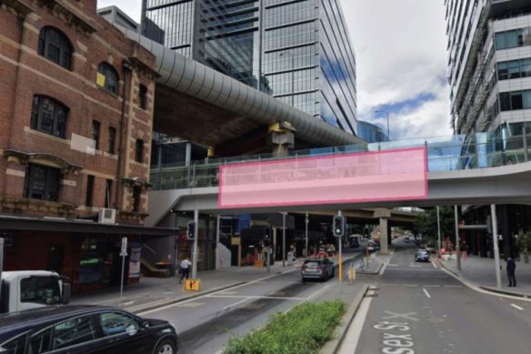 An indicative diagram shows where the sign will be placed on Wynyard Walk above Sussex Street. There will be a shield at one end to reduce light spill. 